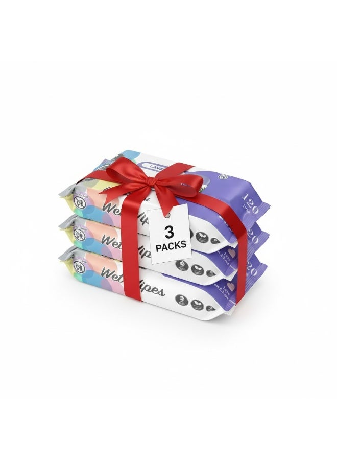 Globalstar Lavender Wet Wipes – 120pcs x 3, Alcohol-Free Moist Towelettes for Gentle Skin Care - Image 1